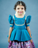 Kids Green Peplum Top and Pink Zari Embroidery Skirt | Kids Traditional Wear Online