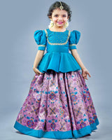 Kids Green Peplum Top and Pink Zari Embroidery Skirt | Kids Traditional Wear Online