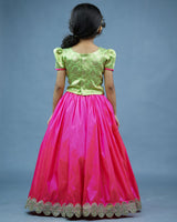 Kids Brocade Green Top with Pink Skirt Online | Kids Ethnic Wear Online in Tamilnadu