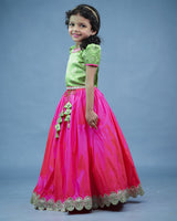 Kids Brocade Green Top with Pink Skirt Online | Kids Ethnic Wear Online in Tamilnadu