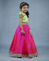 Kids Brocade Green Top with Pink Skirt Online | Kids Ethnic Wear Online in Tamilnadu