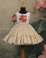 Ivory Frock With Printed Red Roses On The Yoke, Pearl Embellishments And A Pleated Striped Flare