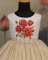 Ivory Frock With Printed Red Roses On The Yoke, Pearl Embellishments And A Pleated Striped Flare