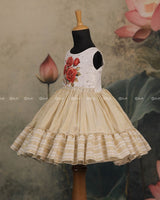 Ivory Frock With Printed Red Roses On The Yoke, Pearl Embellishments And A Pleated Striped Flare