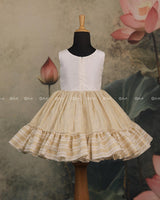 Ivory Frock With Printed Red Roses On The Yoke, Pearl Embellishments And A Pleated Striped Flare