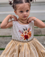 Ivory Frock With Floral-Printed Yoke, Sequin Highlights, Lace Waist, And Pleated Striped Flare