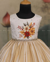Ivory Frock With Floral-Printed Yoke, Sequin Highlights, Lace Waist, And Pleated Striped Flare