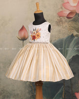 Ivory Frock With Floral-Printed Yoke, Sequin Highlights, Lace Waist, And Pleated Striped Flare