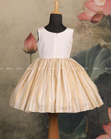 Ivory Frock With Floral-Printed Yoke, Sequin Highlights, Lace Waist, And Pleated Striped Flare