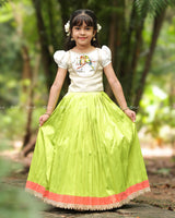 Lime Green Pleated Lehenga With Bird Print Top And Lace Hem