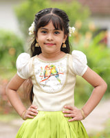 Lime Green Pleated Lehenga With Bird Print Top And Lace Hem