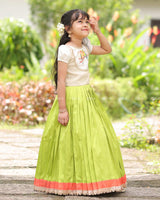 Lime Green Pleated Lehenga With Bird Print Top And Lace Hem