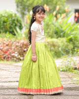 Lime Green Pleated Lehenga With Bird Print Top And Lace Hem
