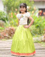 Lime Green Pleated Lehenga With Bird Print Top And Lace Hem