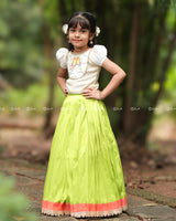Lime Green Pleated Lehenga With Bird Print Top And Lace Hem
