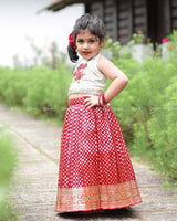 Floral Halter Top With Pearl Detailing, Paired With Red Brocade Skirt
