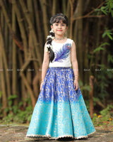 Peacock-Embroidered Top With Pearl Hem, Paired With Blue Ombré Brocade Skirt