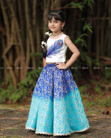 Peacock-Embroidered Top With Pearl Hem, Paired With Blue Ombré Brocade Skirt