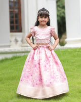 Pink Lace Top With Flutter Sleeves Paired With A Floral Umbrella Skirt-C