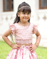 Pink Lace Top With Flutter Sleeves Paired With A Floral Umbrella Skirt-C