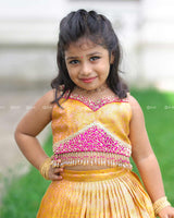 Yellow-Pink Brocade Top With Bead Fringe And Pleated Skirt