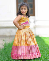 Yellow-Pink Brocade Top With Bead Fringe And Pleated Skirt