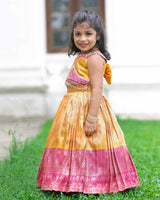 Yellow-Pink Brocade Top With Bead Fringe And Pleated Skirt