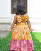 Yellow-Pink Brocade Top With Bead Fringe And Pleated Skirt