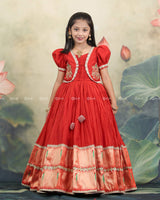 Red Gown With Puff Sleeves Detachable Jacket And Lace Detailing