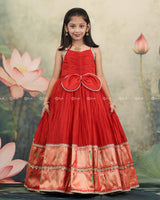 Red Gown With Puff Sleeves Detachable Jacket And Lace Detailing