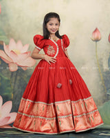 Red Gown With Puff Sleeves Detachable Jacket And Lace Detailing