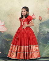 Red Gown With Puff Sleeves Detachable Jacket And Lace Detailing