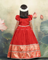 Red Gown With Puff Sleeves Detachable Jacket And Lace Detailing