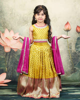 Mustard Yellow And Magenta Brocade Lehanga