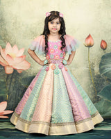 Pastel Multi Brocade Panel Skirt With Handcrafted Multi Floral Crop Top