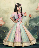 Pastel Multi Brocade Panel Skirt With Handcrafted Multi Floral Crop Top