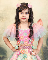 Pastel Multi Brocade Panel Skirt With Handcrafted Multi Floral Crop Top