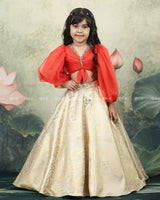 Orange Organza Balloon Sleeve Crop Top With Ivory Brocade Umbrella Skirt