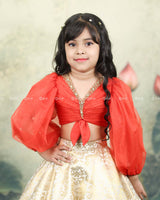 Orange Organza Balloon Sleeve Crop Top With Ivory Brocade Umbrella Skirt