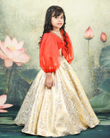 Orange Organza Balloon Sleeve Crop Top With Ivory Brocade Umbrella Skirt