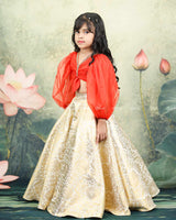 Orange Organza Balloon Sleeve Crop Top With Ivory Brocade Umbrella Skirt