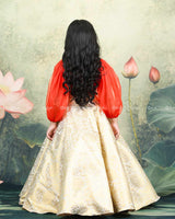 Orange Organza Balloon Sleeve Crop Top With Ivory Brocade Umbrella Skirt