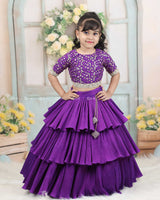 Purple Embroidery Crop Top With Pleated Layered Skirt