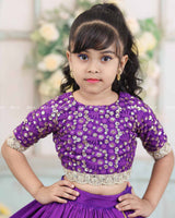 Purple Embroidery Crop Top With Pleated Layered Skirt