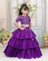 Purple Embroidery Crop Top With Pleated Layered Skirt