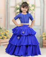 Royal Blue Embroidery Crop Top With Pleated Layered Skirt