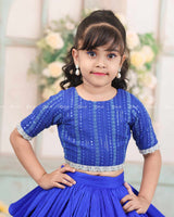 Royal Blue Embroidery Crop Top With Pleated Layered Skirt