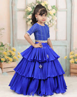 Royal Blue Embroidery Crop Top With Pleated Layered Skirt