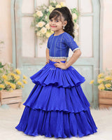 Royal Blue Embroidery Crop Top With Pleated Layered Skirt