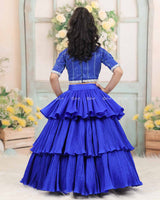 Royal Blue Embroidery Crop Top With Pleated Layered Skirt